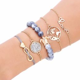 Handmade Jewellery Wholesale Fashion Bracelet Weaving Love Letter love World Map Turtle Beaded Bracelet Five-Piece Set