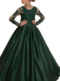 Girl Dresses Satin Dark Green Ball Gown Kids Pageant Dress With Lace Long Sleeves For Girls Aged 2-14 Years