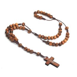 Natural pine BEADS HANDMADE Cross Necklace Rosary Catholic jewelry