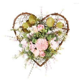Decorative Flowers Artificial Spring Wreath Heart Shape Silk Wreaths With Eucalyptus And Rattan Chrysanthemum