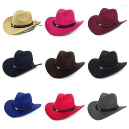 Berets Stylish Solid Colour Felt Hat Wide Brim Top All-match Metal Bull Head Jazz Western Cowboy For Men Women