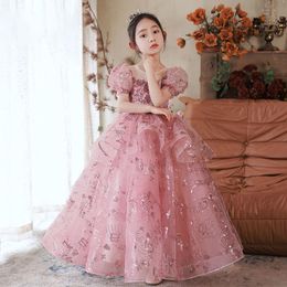 Pink Flower Girls' Dresses For Wedding Sequined Lace Applique Ruffles Kids Formal Wear Cap Sleeve Long Beach Girl's Pageant Gowns 403