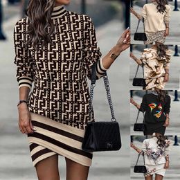 Nuovo stile 2023 Designer Women Abiti manica lunga collo alto autunno e inverno stampato abito irregolare Plus Size 3xl
