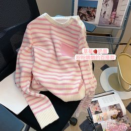 Maglioni Donna Rosa a righe Coreano Chic Manica lunga Bottone Carino dolce ragazze Pullover allentati Semplice lavorato a maglia Autunno Inverno 2023