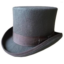 Berets 13.5cm 5 1/4" Grey Woo Felt Low Short Top Hat / Wedding Fashion Cylinder Hat/ Chimney Pot