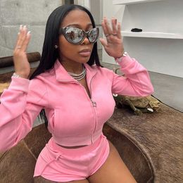 Women's Two Piece Pants Autumn Solid 2 Piece Set Women Outfits Sexy Sporty Zipper Long Sleeve Crop Top Mini Shorts Tracksuit Women Club Rave Outfits T221012