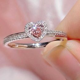 Silver-plated Pink Diamond Heart Rings Windding Ring For Women