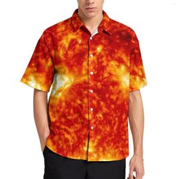 Men's Casual Shirts Sun Print Vacation Shirt Red And Yellow Man Retro Blouses Summer Short Sleeve