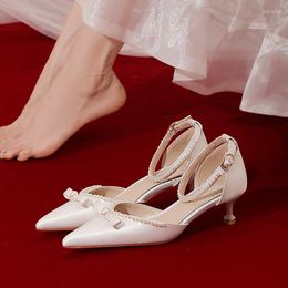 Sandals French Wedding Shoes High Grade Satin Cloth Pearl String Ankle Strap Bride Dress Pumps White Bowknot Heel Hollow