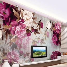 Custom Po Wallpaper Wandaufkleber handgefertigte Pfingstrose Blume Holz Hintergrund Papel de Para 3d Para Sala Atacado267i
