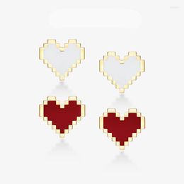 Stud Earrings Fashion Real 925 Sterling Silver Yellow Gold Colour Red And White Pixel Love Heart For Women Brand Jewellery