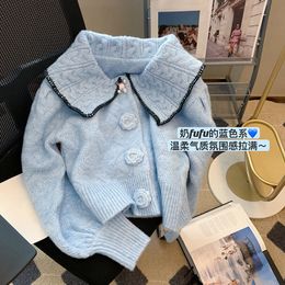 Women Cardigan Sweet Korean Chic Sweater Fashion Blue Peter Pan Collar Knitted Ribbed Clothes Loose Warm Floral Button 2023