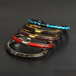 Bangle New Men And Woman Open Cuff Bangles Wholesale 5Pcs/Lot Stainless Steel Python Skin Leather Bangle Bracelet Best Gift Bracelet Dhm24