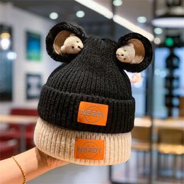 Beanie/Skull Caps Beanies Hat Bear Ears Pompon Knitted Cute Lovely Cap For Men Women Casual Solid Color Acrylic Autumn Warm Skullies 221119