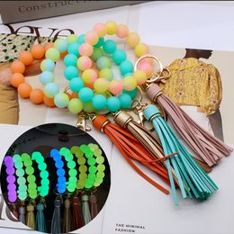 S3340 Christmas Gift Luminous Silicone Beaded Key Chain PU Leather Tassel Beads Wrist Bracelet Keychain Key Rings
