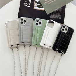 Top Crocodile leather phone cases iPhone 12 13 14 Pro max 11 14plus 7 8 plus x xs xr 12 13 mini Silver Hardware Strap Strap Card Case