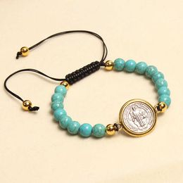 Handmade Jewellery Wholesale Catholic Adjustable Rope Saint Benedict Rosary Turquoise Beaded Bracelet Prayer Beads Bracelet