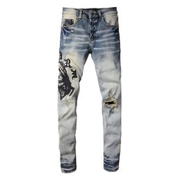 Men's Pants Jeans European Jean Men Embroidery Patchwork Ripped For Trend Brand Motorcycle Black Pant Mens Skinny 882