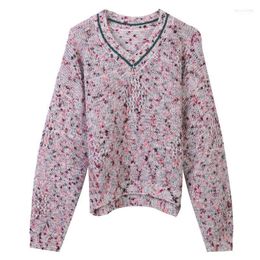 Women's Sweaters Women's Autumn Winter Women Pullover V-neck Twist Contrast Color Fashion Sweater With Dots Loose Purple Knitted Top In