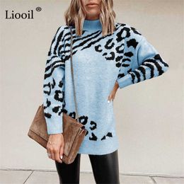 Women's Knits Tees Leopard Print Turtleneck Knitted Sweaters for Women Ladies Warm Clothes Baggy Jumpers Thick Mock Neck Pullovers Autumn Winter T221012