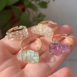 Bulk Wholesale Jewellery Handmade Wire Wrap Natural Raw Crystal Rings Healing Stone For Women Green Fluorite Clear Quartz Citrine Amethyst Pink Quartz Obsidian