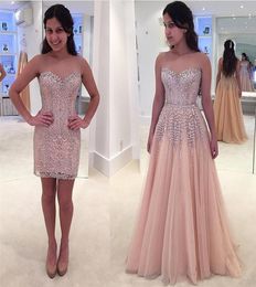 Pink Prom Dresses Sheer Neck Beaded Lace Sweetheart Neckline With Detachable Skirt Custom Made Evening Gown Formal Ocn Wear Vestidos Plus Size