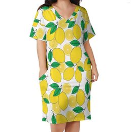 Plus Size Dresses Lemon Print Dress V Neck Green Leaves Aesthetic Holiday Retro Casual Ladies Graphic Vestido