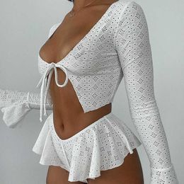 Women's Two Piece Pants Two Piece Set Women Polka Hole Tracksuits Sexy Flare Long Sleeve Tie Up Crop Tops Low Waist Shorts 2022Summer Grunge Clothes T221012