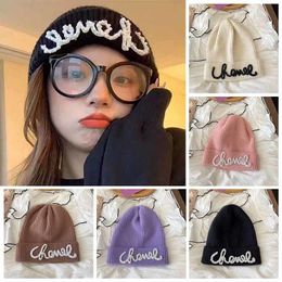 Beanie/Skull Caps Pearl Letter Knitted Beanies Hats Women Skullies Beanie Soft Elastic Cap Solid Sport Bonnet Winter Warm Ski 221119