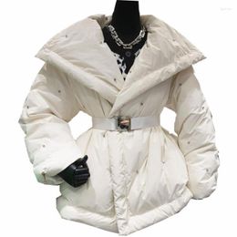 Women's Down 2022 Winter Korean Style Belted White Duck Jacket Female Fashion Big Lapel Beading Parka Office Ladies Loose Coat