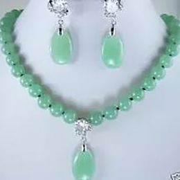 Beautiful 8MM green jades Necklace Earrings set women's jewelry