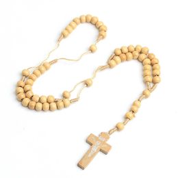 Handmade Jewellery Wholesale Natural pine BEADS HANDMADE Cross Necklace Rosary Catholic Jewellery