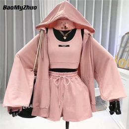 Women's Two Piece Pants Casual Shorts Three 3 Piece Sets Women Vest Drawstring Shorts Hooded Zipper Jacket Sportswear Suits Female Solid Sports Hoodie T221012