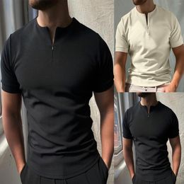 Men's T Shirts Stand Neck T-shirt Men's Casual Soild Colour Zipper Turn-down Collar Short Sleeve Shirt Vintage Oversize Streetwear