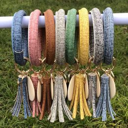 S3343 Punk PU Leather Bracelet Key Ring Bangle Wood Chip Pendant Tassel Circle Keychain Wristlet Keyrings Xmas Gift Keychain