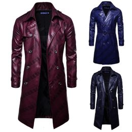 Men's Jackets Men Long Trench Coat Fashion Slim Fit PU Leather Long Overcoat Double Breasted Autumn Winter British Male Coat Trench 221121