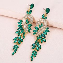 Dangle Earrings Luxury Gold Colour Deep Green Blue Full Crystal Rhinestone Grape Leaf Shaped Pendant Exaggerated Drop For Women Jewellery