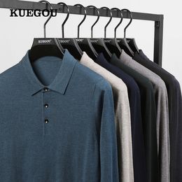Blusas masculinas kuegou outono de inverno masculino pólo colar de camisa de mangas compridas Pullovers de lã de malha esbelta de qualidade 721 221121