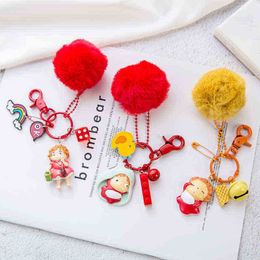 Keychains Ponyo On The Cliff By The Sea PomPom Cute Girls Keychain For Girls Backpack Car Key Chain Key ring Miyazaki Fan Memorial Gift T220909