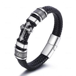 Chain Mens Black Braided Leather Cross Bangle Bracelet Chain Stainless Steel Mtistrand Classic Prayer Link Wristband Punk Jewellery Ma Dh8Qo