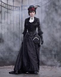 Victorian Bustle Black Prom Dresses For Women 2023 3/4 Long Sleeves Pleats Lace Satin Vintage Civil War Historical Formal Evening Party Gowns