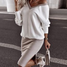 Two Piece Dress Casual Dresses Womens Knitted Sweater Skirt Two Piece Set Women VNeck Elegant Tops Female Sexy Skit Skirts Suits Office Lady Knitting