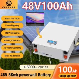 48V 100AH LiFePO4 Powerwall Battery Pack 51.2V 5KW Lithium Solar Battery 6000 Cycles Max 32 parallel RS485 CAN BUS For Inverter