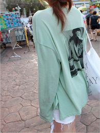 Women's T Shirts Korea 2022 Party Spring Autumn Mint Green Back Printed T-shirt Women's Top Long Sleeve Loose Shirt Thin Tees Sweet 8DZ