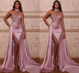 Pink Plus Sparkling Size Mermaid Prom Dress For Women Sleeveless Beaded Sequined High Side Slit Satin One Shoulder Sweep Train Formal Evening Party Gowns mal