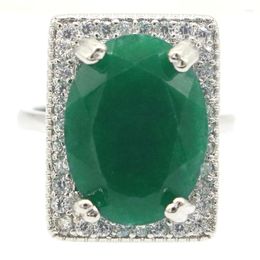 Cluster Rings 19x15mm European Design 6.3g Oval Real Green Emerald White CZ Women Wedding 925 Silver Birthday Gift