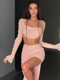 Two Piece Dress Casual Dresses Elegant Skirts Sets Women Outfits Knitted Beading Sexy Long Sleeve Crop TopsHigh Waist Split Mermaid Skirt Party Club