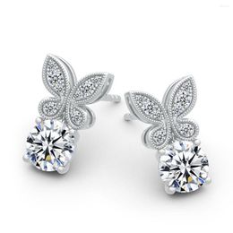 Stud Earrings D Color VVS1 Moissanite Butterfly Round Cut Total 2.0ct Diamond Test Pass 18K Gold 925 Silver Jewelry Female