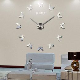 Wall Clocks 2022DIY Mirror Acrylic Butterfly Big Clock Oversized 3D Sticker Home Silent Modern Design Decoration
