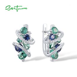 Stud SANTUZZA Silver Earrings For Women Pure 925 Sterling Sparkling Blue Green Spinel White CZ Charming Fine Jewellery 221119